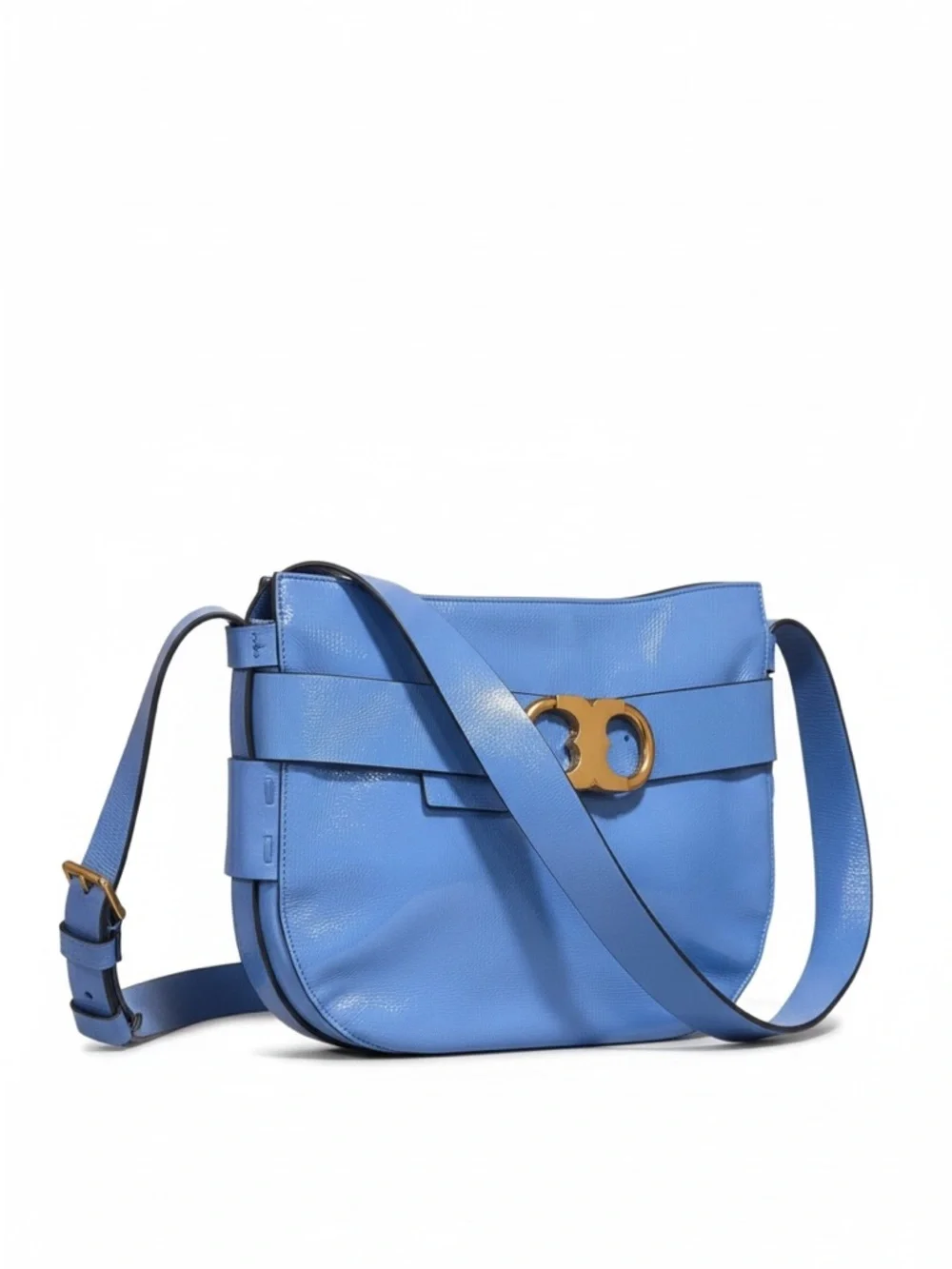 Tory Burch Miller Belted Crossbody Bag Blue Leather Double T Logo - Picture 1 of 14